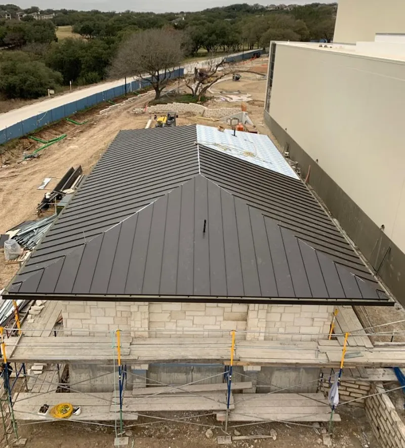 Metal roof new construction with scaffolding in Greencastle